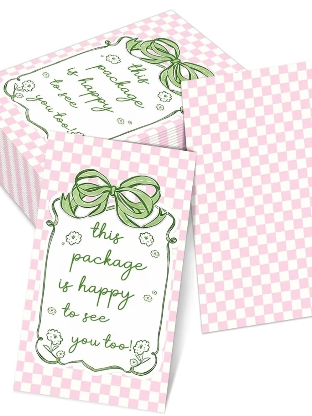 Pink Checkered Thank You Cards with Green Bow (25)